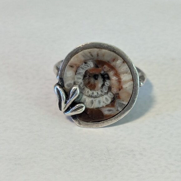 Vintage Nautilus Ammonite Fossil Shell Ring Sterling Silver Leaf Boho Unique - Picture 8 of 8